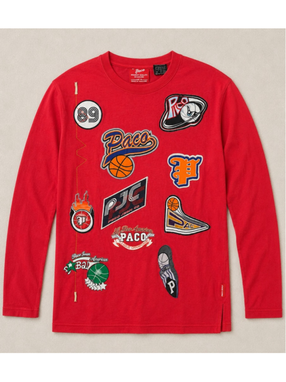 Vintage PACO Long Sleeve Shirt Red With Embroidered Patches 90s Mens Medium